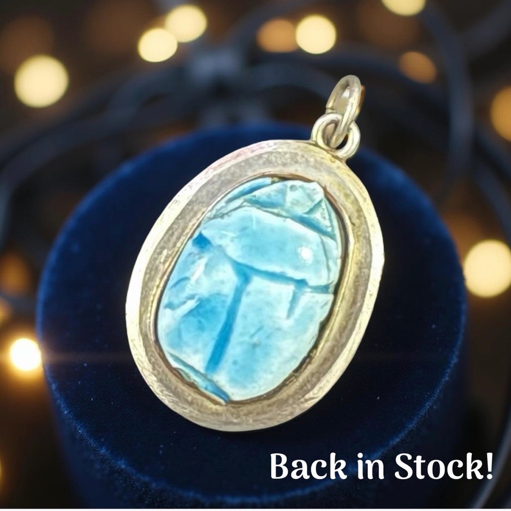 🆕 Vintage Sterling Silver Turquoise Faience Scarab Pendant | Egyptian Revival